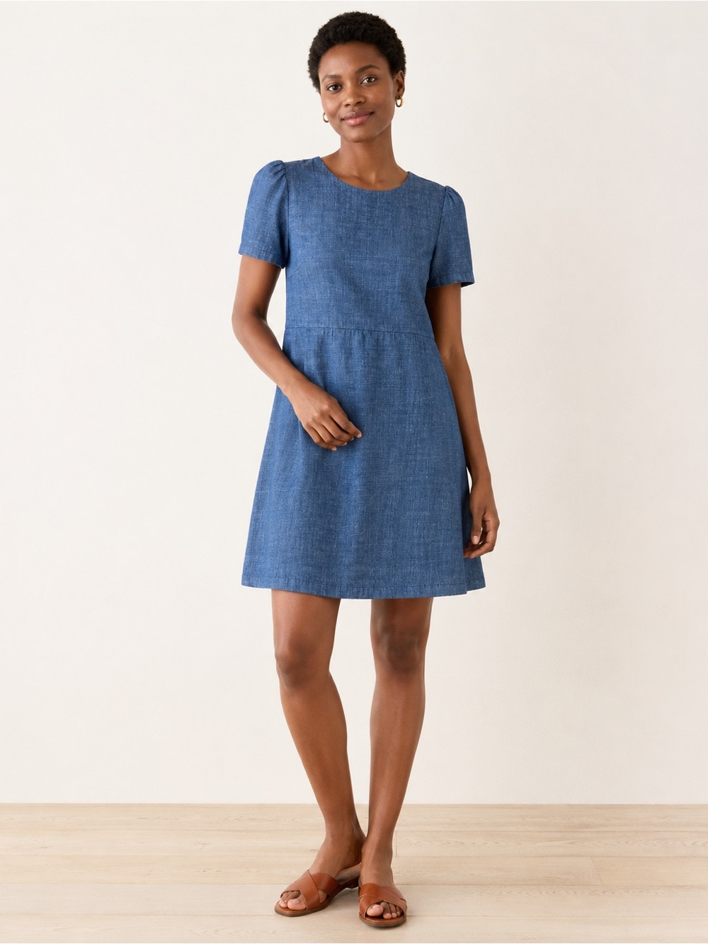 WAYF Denim Chambray Mini Dress Medium Blue Cotton Puff Sleeve Zip Back